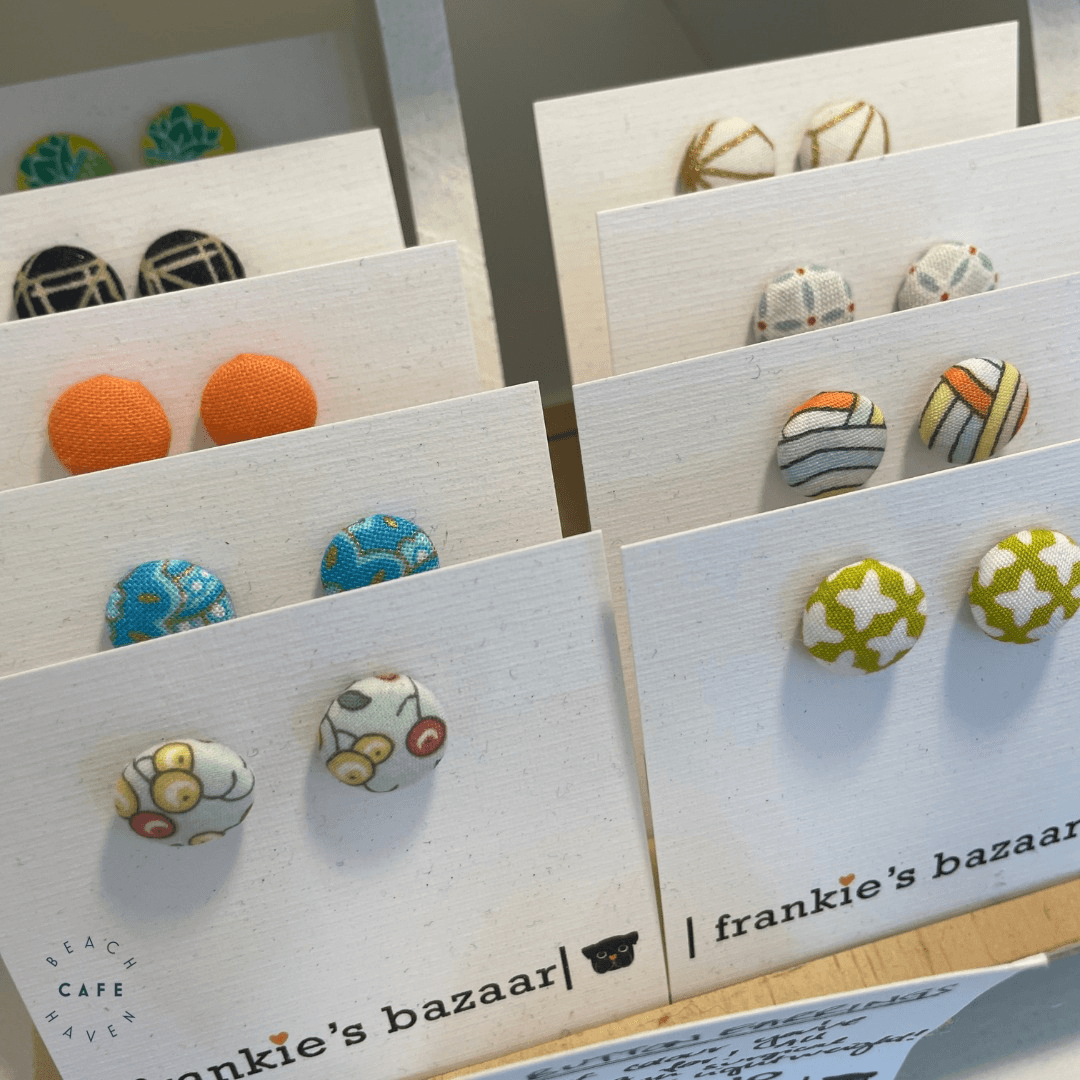 Frankie's Bazaar handmade earrings displayed at Beach Haven Cafe